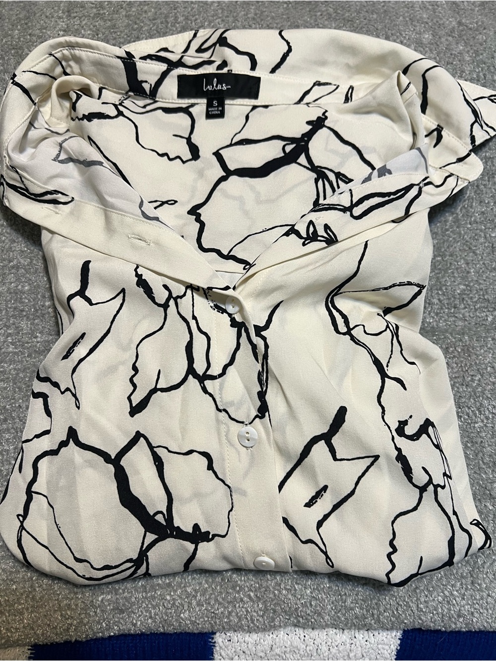 Lulu's Ivory Button-Down Top with Black Floral Outline